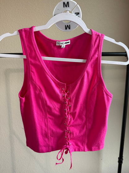 (Size M) Pink Front Tie Crop Top
