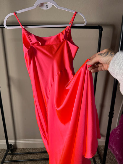 (Size S) Neon Pink Maxi Satin Dress